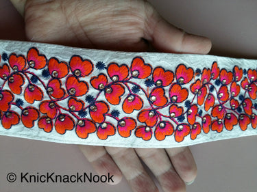 Beige Fabric Trim With Green / Orange / Fuchsia Pink Floral Embroidery, 58mm wide - 200317L454 / 55 / 56